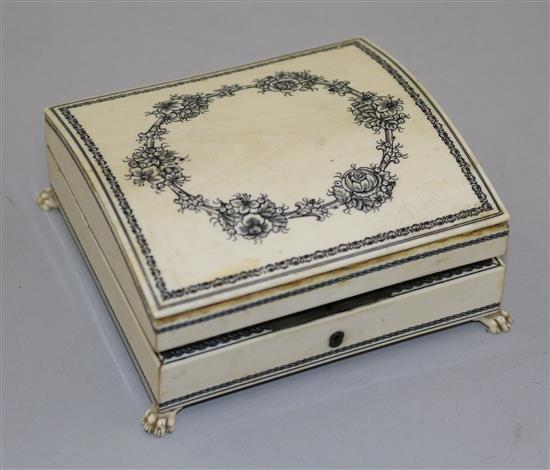 A late 19th century Vizagapatam boxed set of gaming counters, 4.25in.